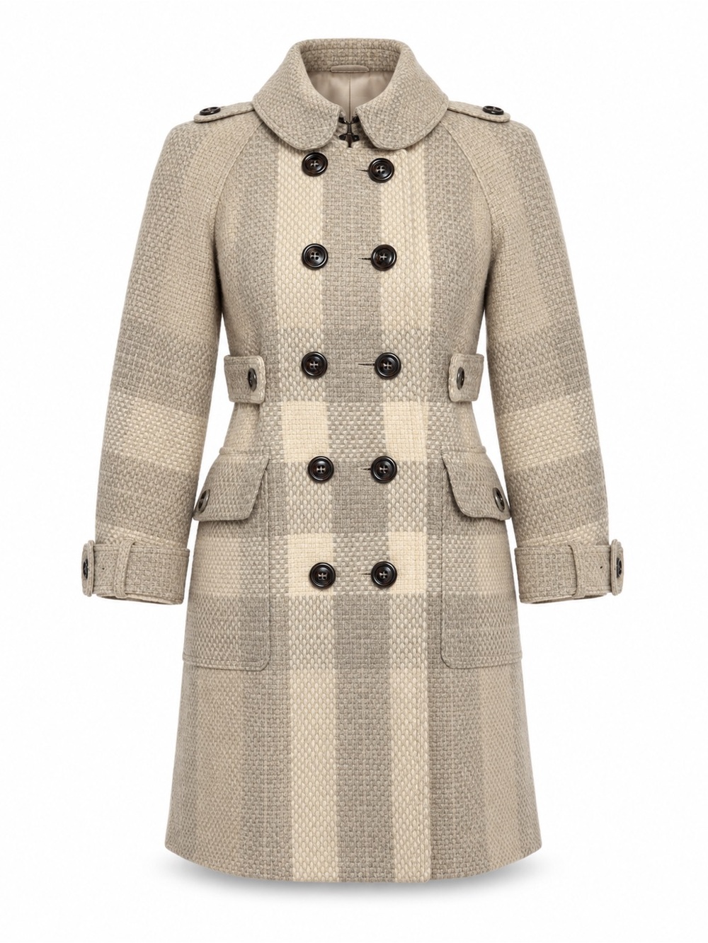 BURBERRY | Grindale Lambswool Double Breasted Plaid Coat Cream Gray US 4